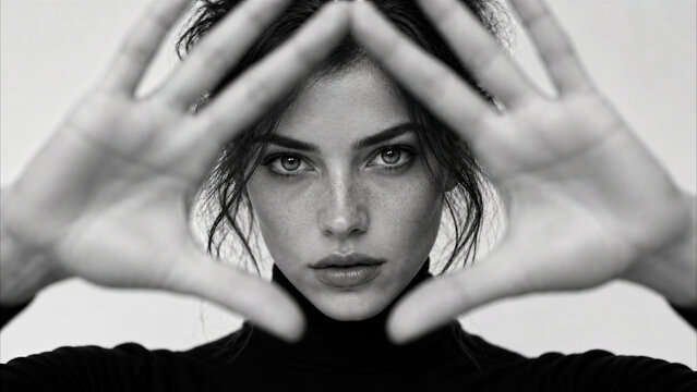Artistic black and white portrait of a young woman with freckles framing her face with her hands in a triangle shape