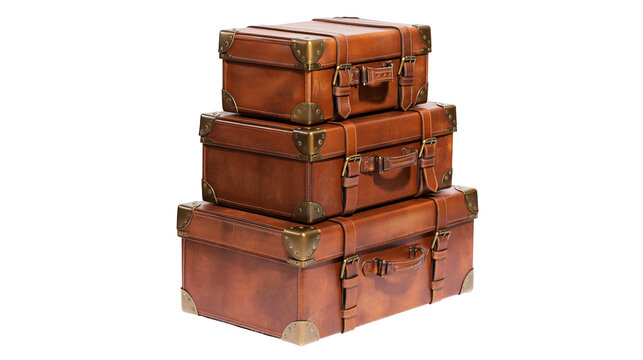 Isolated stack of three classic brown leather vintage travel trunks with brass hardware and straps