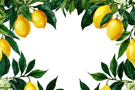 Lemon tree branches with yellow lemons and green leaves frame corner border isolated on white background