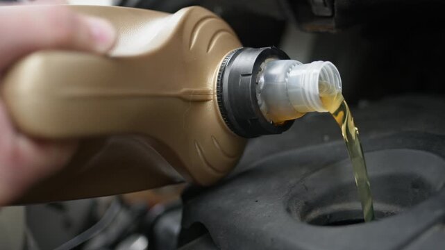 Driver performing maintenance by pouring motor oil into an engine in a repair shop environment