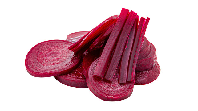 Isolated fresh raw red beet slices and julienned sticks heap, healthy organic beetroot vegetable