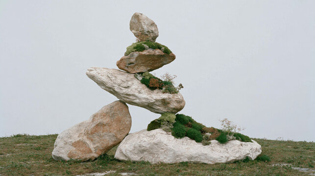 stacked suiseki stones in a minimalist composition