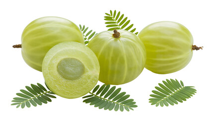 Isolated fresh organic Indian gooseberry Amla fruits with green leaves and one sliced showing seed © Cian
