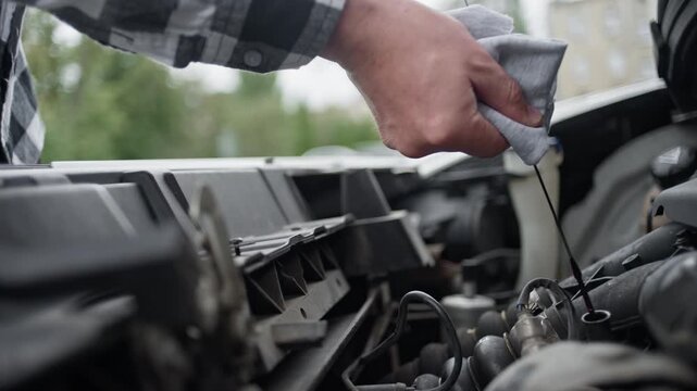 Driver performs engine maintenance, checking the engine oil level with a dipstick under the hood of a car in an outdoor setting