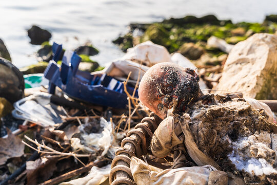 View of a damaged, weathered doll lying amidst plastic waste, dry leaves, and debris on the rocky shore of Lake Varna, Varna, Bulgaria.