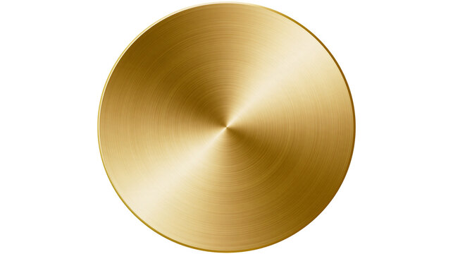 Isolated golden round disc with brushed metal radial texture design element.