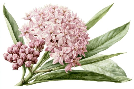 Detailed watercolor botanical illustration of a pink milkweed flower cluster with green leaves isolated on white background
