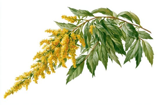 Botanical illustration of a goldenrod plant branch with yellow flowers and green leaves isolated on white background