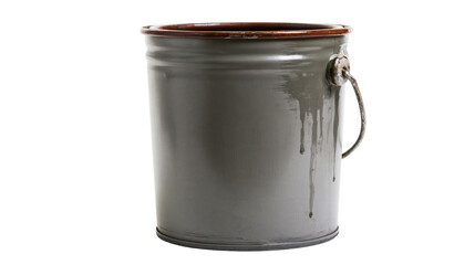 Isolated old olive green metal bucket with rusty rim and paint drips, vintage utility container © Cian