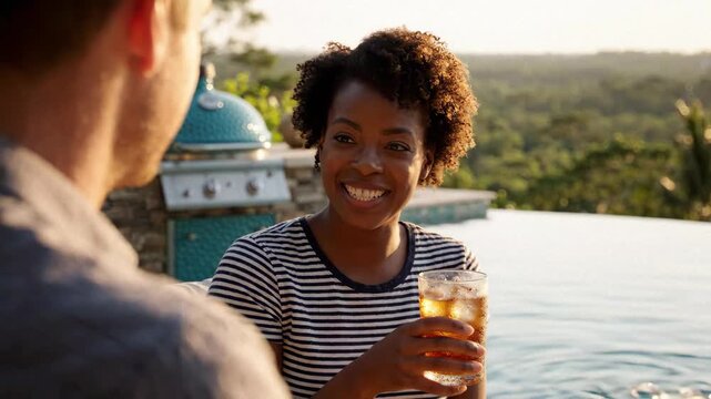 Joyful African American woman laughing and enjoying a cold refreshing beverage with a friend on a luxury outdoor patio by the pool during golden hour, celebrating a summer vacation lifestyle.