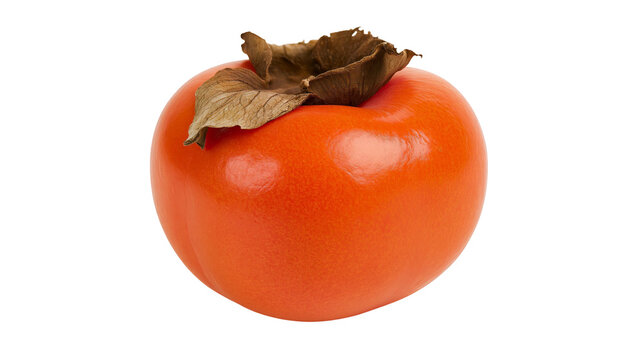 Isolated single ripe fresh persimmon fruit with dry calyx, vibrant orange color, healthy snack.