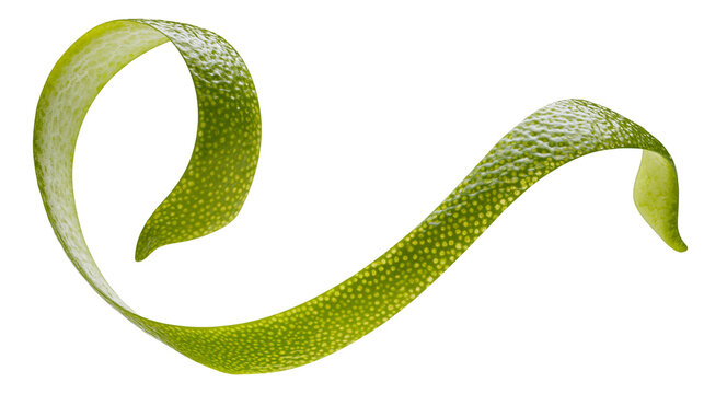 Isolated vibrant green lime peel spiral twist with zest texture, fresh citrus fruit rind