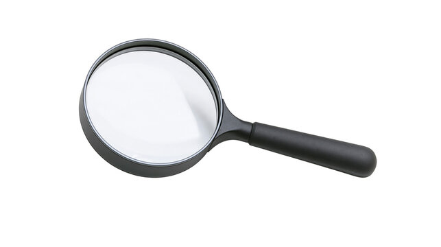 Isolated magnifying glass with a sleek black handle and clear lens for detailed investigation.