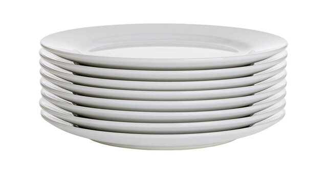 Isolated stack of clean white ceramic dinner plates for home kitchen or restaurant use
