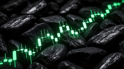 Obraz premium Green candlestick chart grows over black coal rocks. Digital financial data shows stock market trend, economic progress. Glowing crypto trading graph rises above dark energy resources. Business