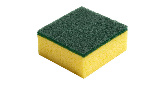 Isolated rectangular dishwashing sponge with green abrasive scrub pad for effective cleaning