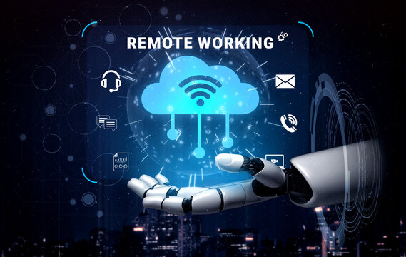 This image captures a futuristic robot hand interacting with cloud technology, emphasizing remote work, wireless connectivity, and modern communication tools in a digital landscape. Nascent