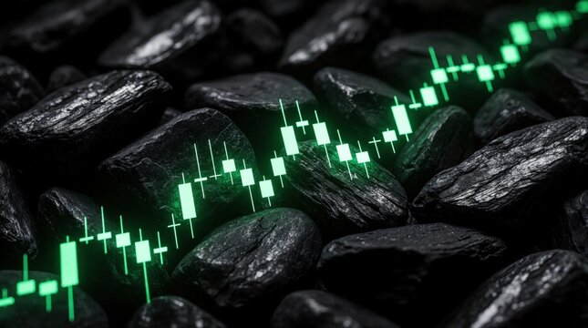 Green candlestick chart grows over black coal rocks. Digital financial data shows stock market trend, economic progress. Glowing crypto trading graph rises above dark energy resources. Business