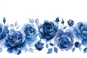 Obraz premium Watercolor blue roses flowers border isolated on white background