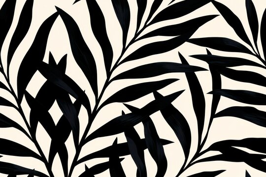 Seamless pattern with bold black tropical palm leaves on a light cream background, modern minimalist botanical design for interior decor and fashion