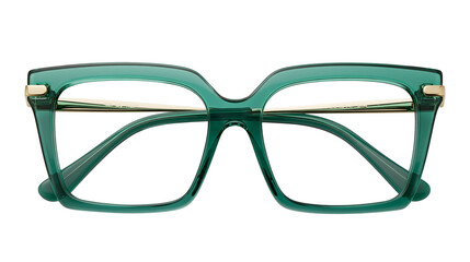 Isolated modern green cat eye eyeglasses with golden details, fashionable vision accessory. © Cian