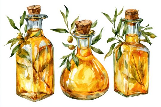 Set of watercolor glass bottles with olive oil and olive branches isolated on white background