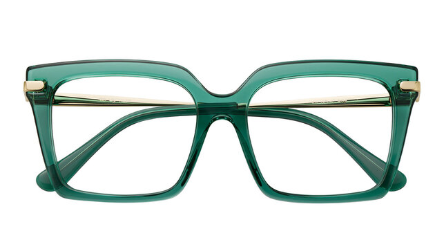 Isolated modern green cat eye eyeglasses with golden details, fashionable vision accessory.