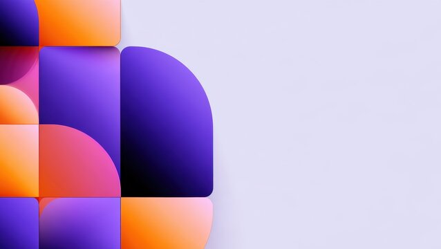Stacked orange purple and blue rounded squares in the left third beside pale lavender copy space.