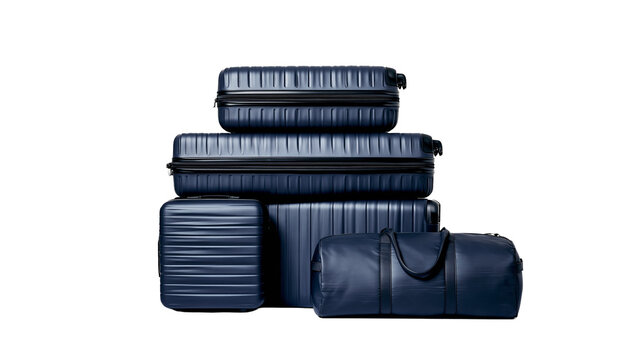 Isolated dark blue travel luggage set with hardshell suitcases and duffel bag, ready for journey.
