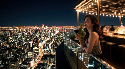 Obraz premium Elegant young woman drinks red wine at luxury rooftop bar at night. Smiles, admires sparkling city skyline view from terrace. Sophisticated female enjoying urban nightlife, metropolitan lights,