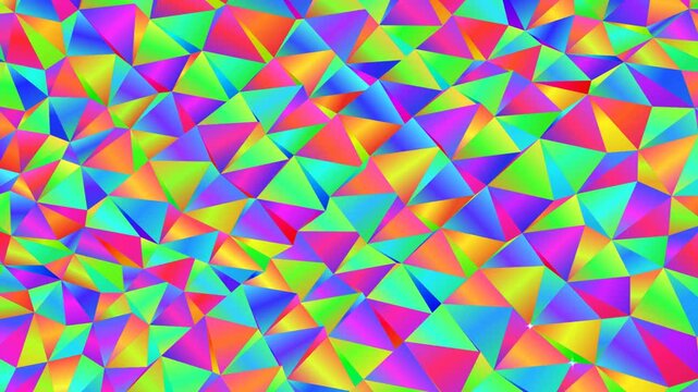 Vibrant rainbow geometric low poly abstract background, dynamic shifting triangles motion colorful modern digital pattern