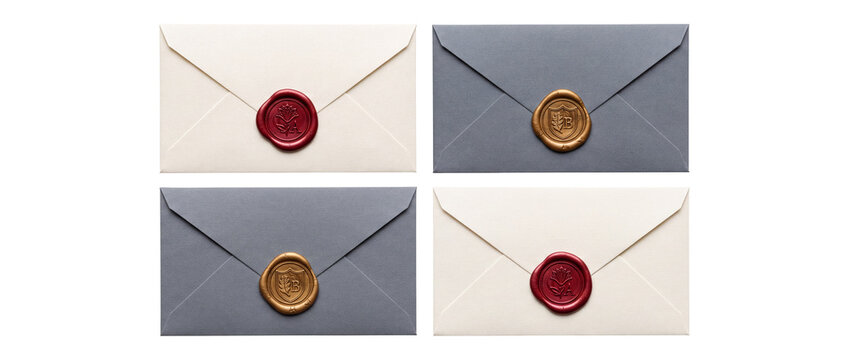 Wax seal envelope invitation set with luxury gold and red stamp monogram crest for elegant letter greeting card mockup template layout flat lay top view isolated on dark background stationery
