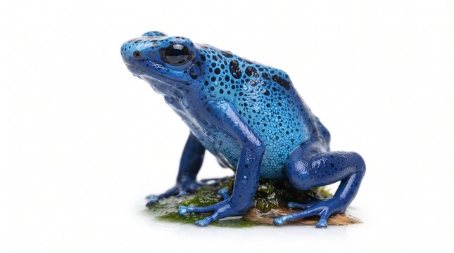 Blue poison dart frog close-up of vibrant amphibian on leaf with white background