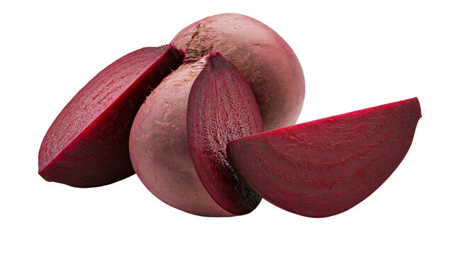 Isolated fresh whole and sliced red beets showing vibrant maroon color, healthy organic vegetable food.