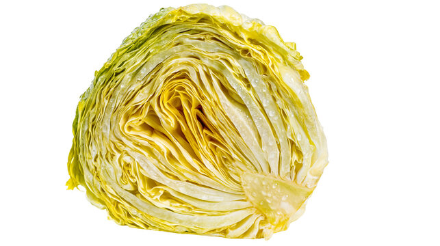 Isolated vibrant green and yellow cabbage half cut lengthwise showing fresh crisp layered leaves