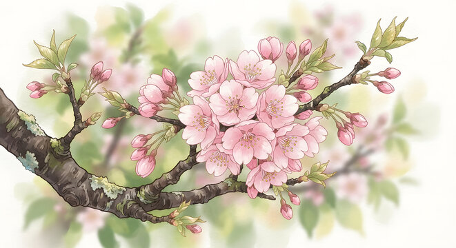 A delicate watercolor illustration of a blooming pink cherry blossom branch