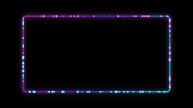 Neon glowing rectangular frame with pulsing digital data particles on black background, border rectangle