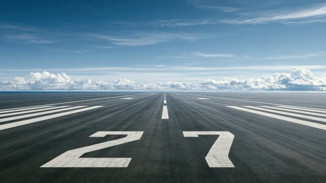 A wide view of an empty airport runway marked with bold white lines under a blue sky filled with clouds.
