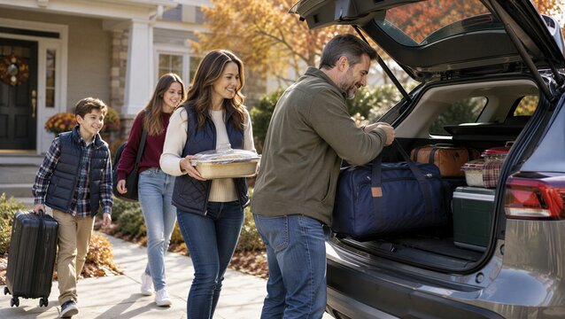 Family loading a car for Thanksgiving holiday travel with luggage and covered casserole dish, autumn road trip to a seasonal gathering, family reunion, home visit and festive weekend journey