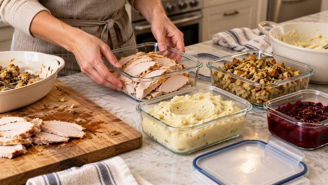 Storing Thanksgiving leftovers in reusable glass containers with sliced turkey, stuffing, mashed potatoes and cranberry sauce, practical post holiday kitchen workflow for meal prep and food storage