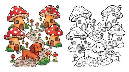 Fototapeta premium Cute Dachshund Puppy Exploring Whimsical Mushroom Village Children’s Coloring Book Illustration