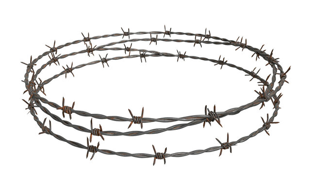 Isolated rusty barbed wire coil for security, danger, and restriction concept.