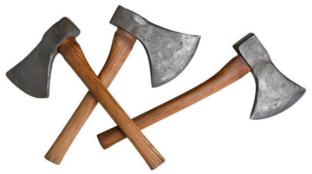 Isolated three heavy duty axes with old weathered metal heads and natural wooden handles