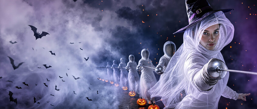 Female fencer wearing witch hat and white gauze veil lunging with foil sword. Row of ghostly figures stands in silver mist with bats and glowing pumpkins for Halloween celebration.