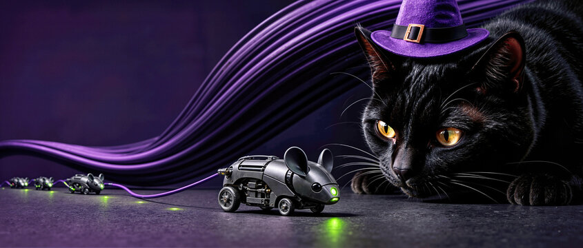 Glossy black cat wearing purple witch hat looking at robotic toy mouse with green glowing eyes. Tech halloween concept with purple cables and dark surface background