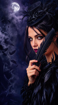 Mysterious woman in raven costume with black feathers, witch hat and smoke background. Portrait of attractive female holding dark feather during full moon night in spooky Halloween setting