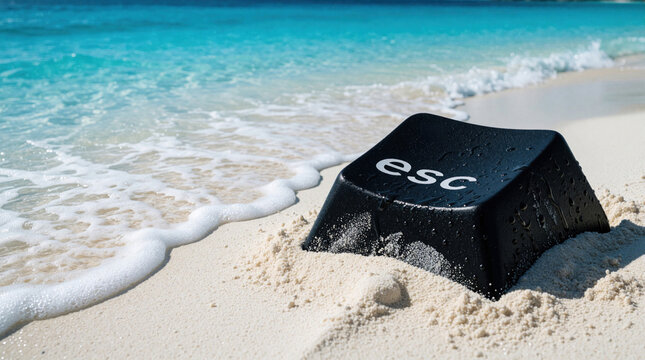 Black escape key rests on white sand near gentle ocean waves. Beach setting suggests digital detox moment away from screens and work stress.