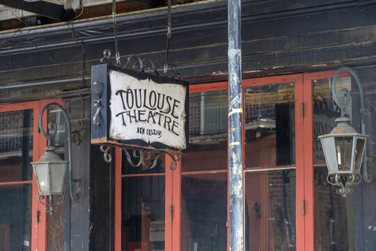 New Orleans, LA, USA - September 12, 2026: Closeup of Toulouse Theatre Sign at the Entrance to the Historic French Quarter Building