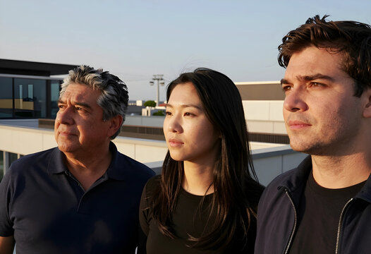 Diversity and inclusion in corporate leadership, diverse team of professionals looking ahead with vision and ambition on a modern office rooftop at sunset