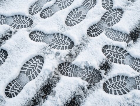 Close up of many footprints in fresh white snow on dark asphalt. People walk on cold city street during winter season. Dirty slush, icy texture cover urban ground. Many boot tread marks show path